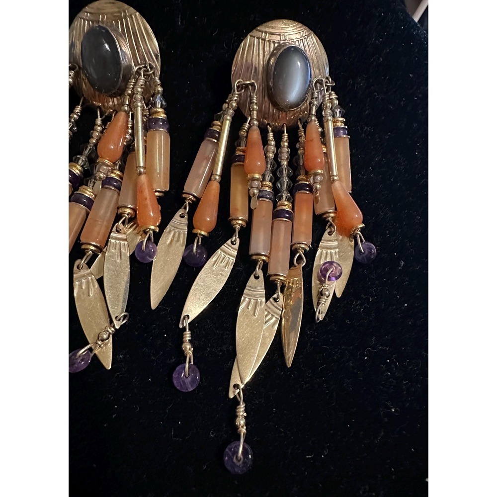 Tabra Gold Filled Moonstone Agate & Amethyst Dangle Earrings - Picture 5 of 9